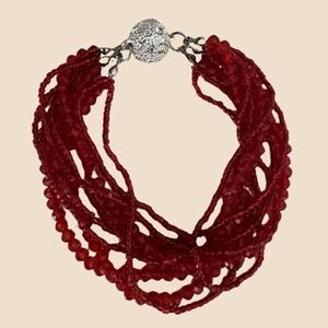 ⭐️ Red Multi-Strand Beaded Bracelet with Rhinestone Magnetic Clasp